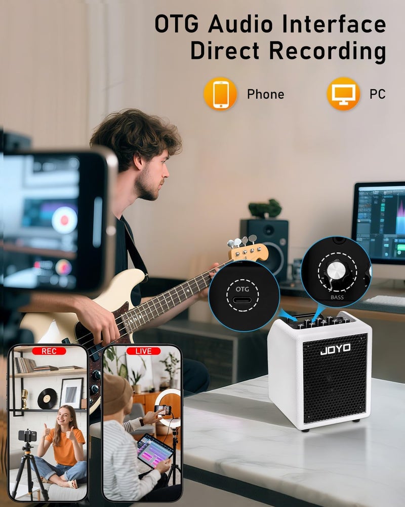 JOYO 30W Bass Combo Amplifier Portable Amp 4" Speaker with 3-Band EQ & Compressor | Bluetooth 5.1 + OTG Direct Recording | Headphone Practice for Bassist Solo Livestream Gigs (Vibe Cube BA-30, White) - Image 4